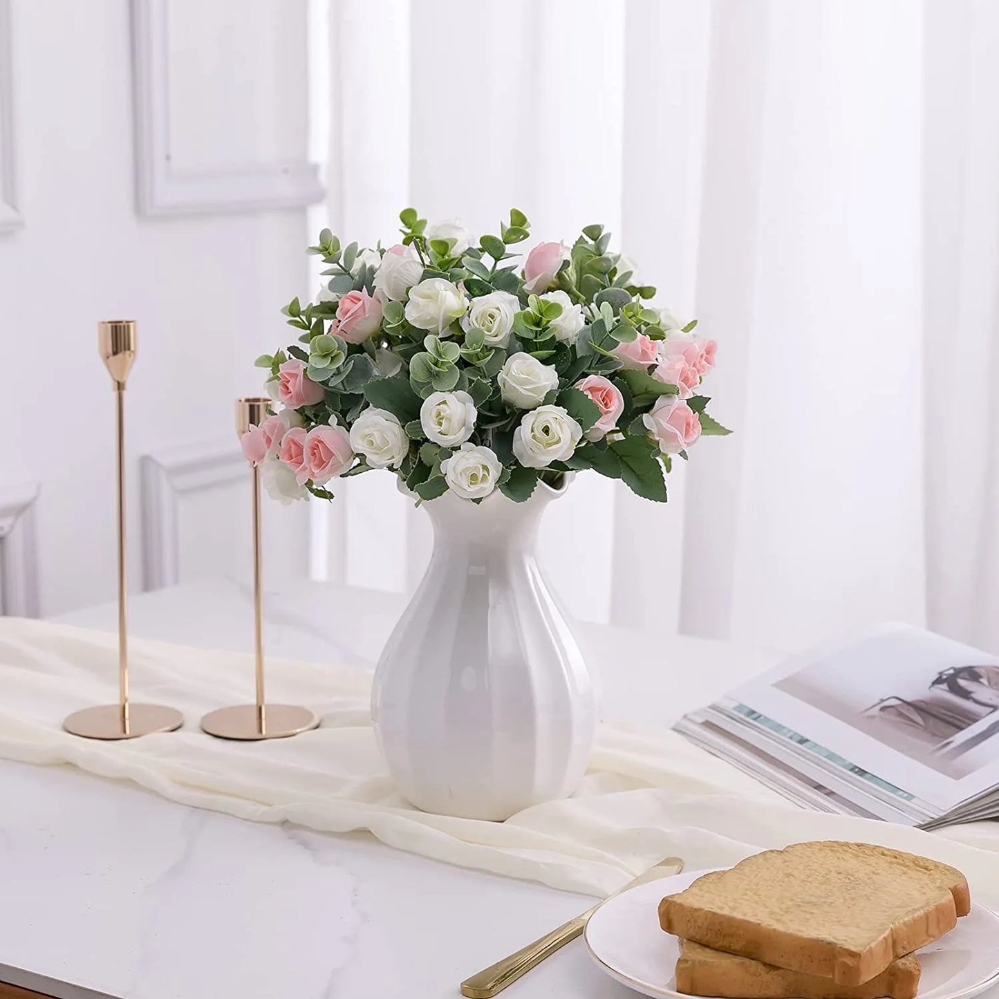 Artificial Flower Silk White Rose white and Eucalyptus leaves