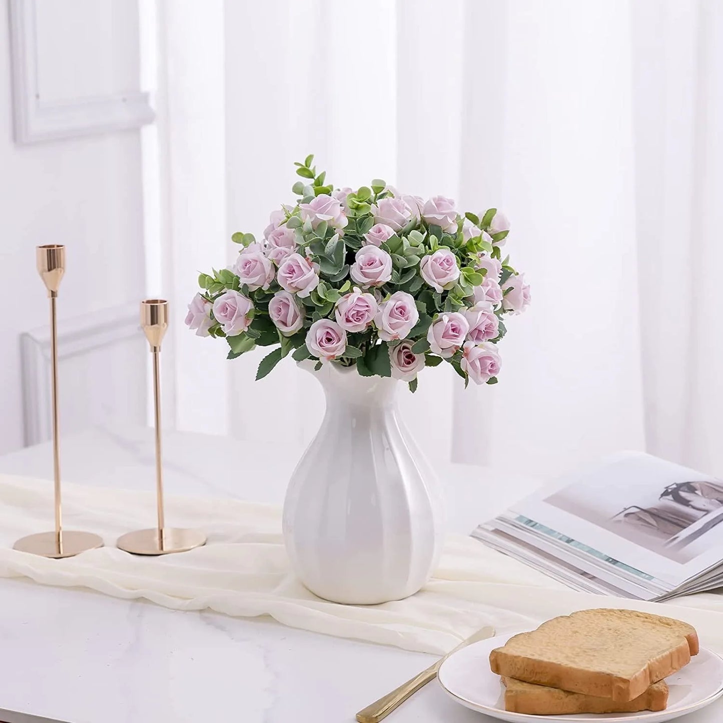 Artificial Flower Silk White Rose white and Eucalyptus leaves