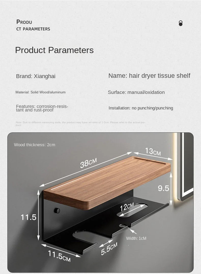 Wooden Holder for Hairdryer and Bathroom Accessories