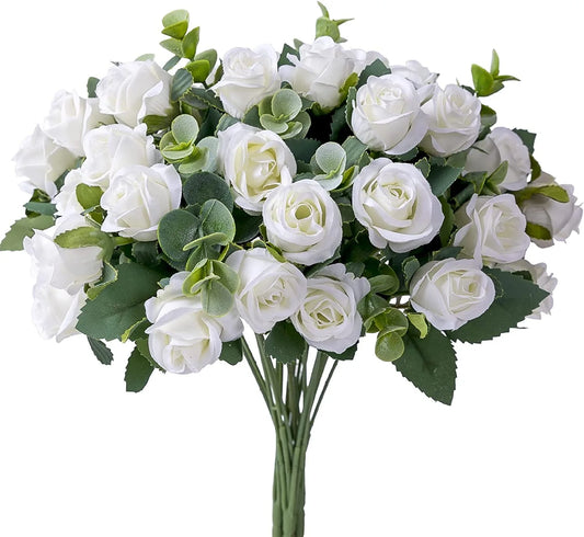 Artificial Flower Silk White Rose white and Eucalyptus leaves