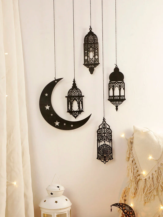 Islamic Wooden Wall Hanging, Lantern and Crescent Moon