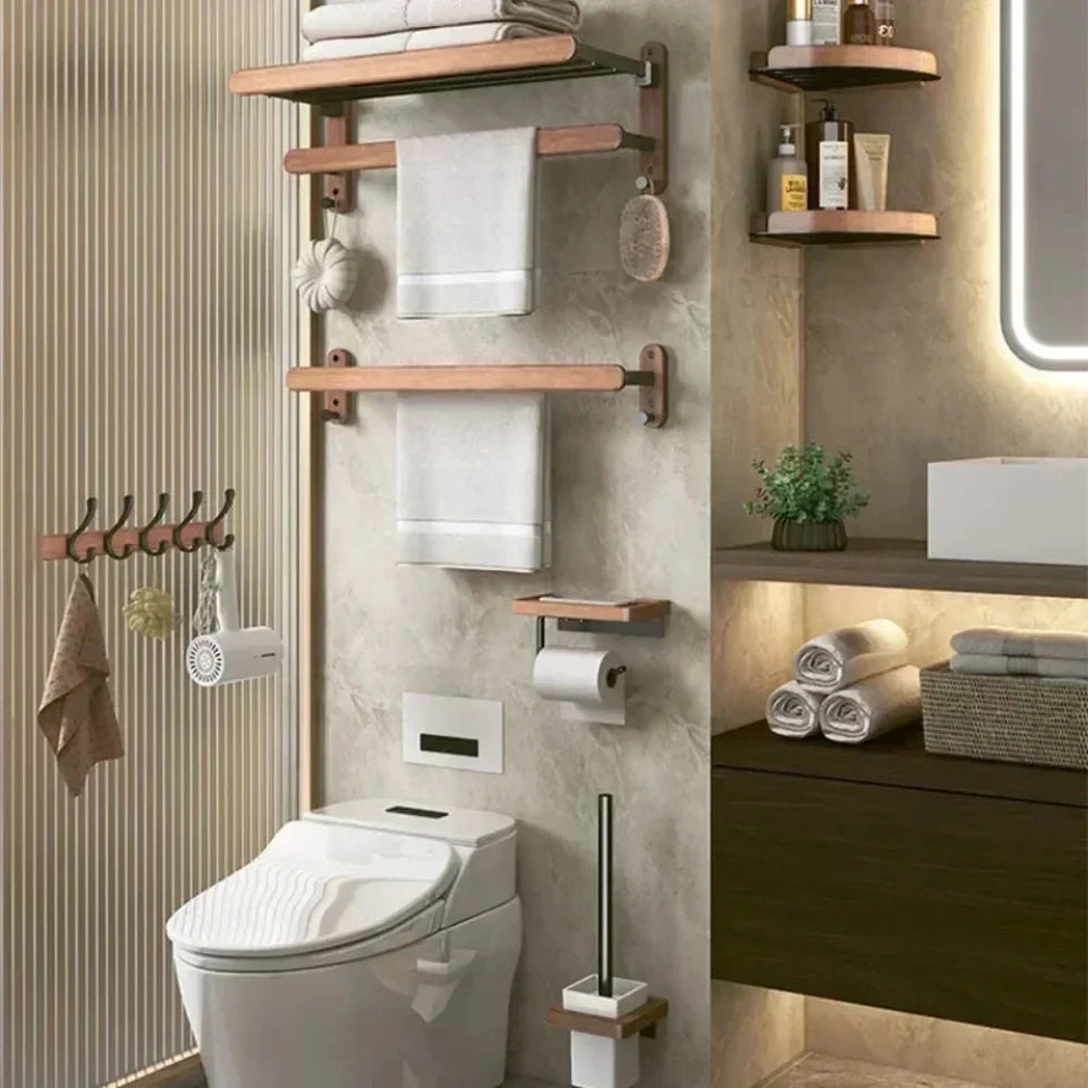 Walnut Wood Bathroom Rack Set