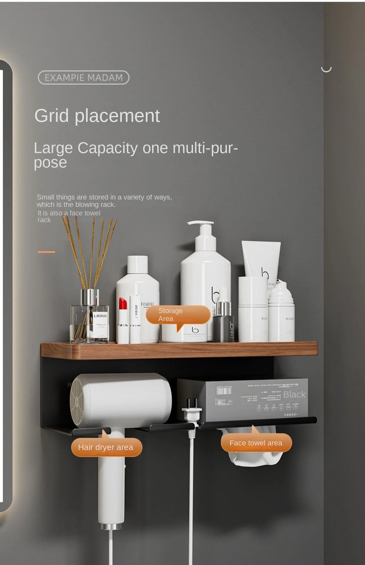 Wooden Holder for Hairdryer and Bathroom Accessories