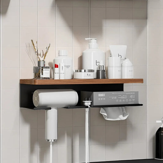 Wooden Holder for Hairdryer and Bathroom Accessories
